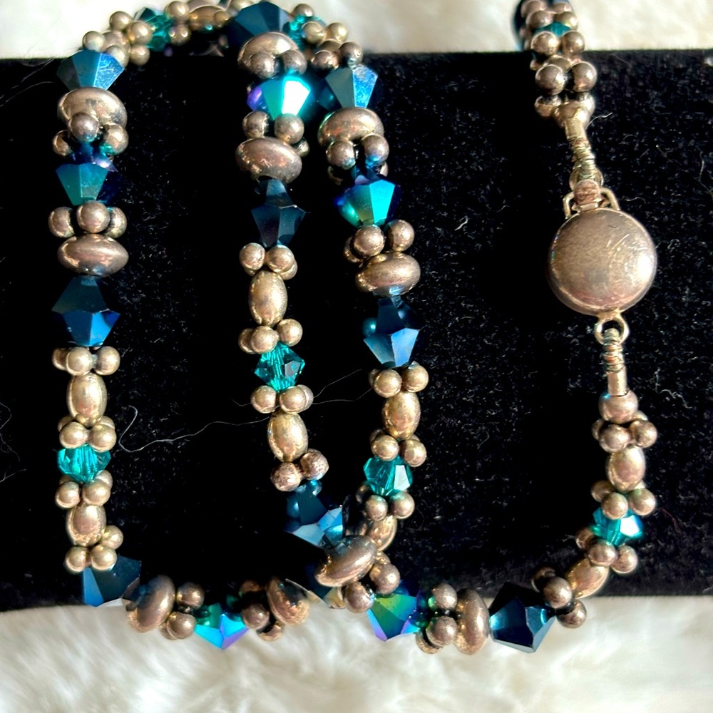 Glass beaded and silver spacer beads necklace. 16inches long